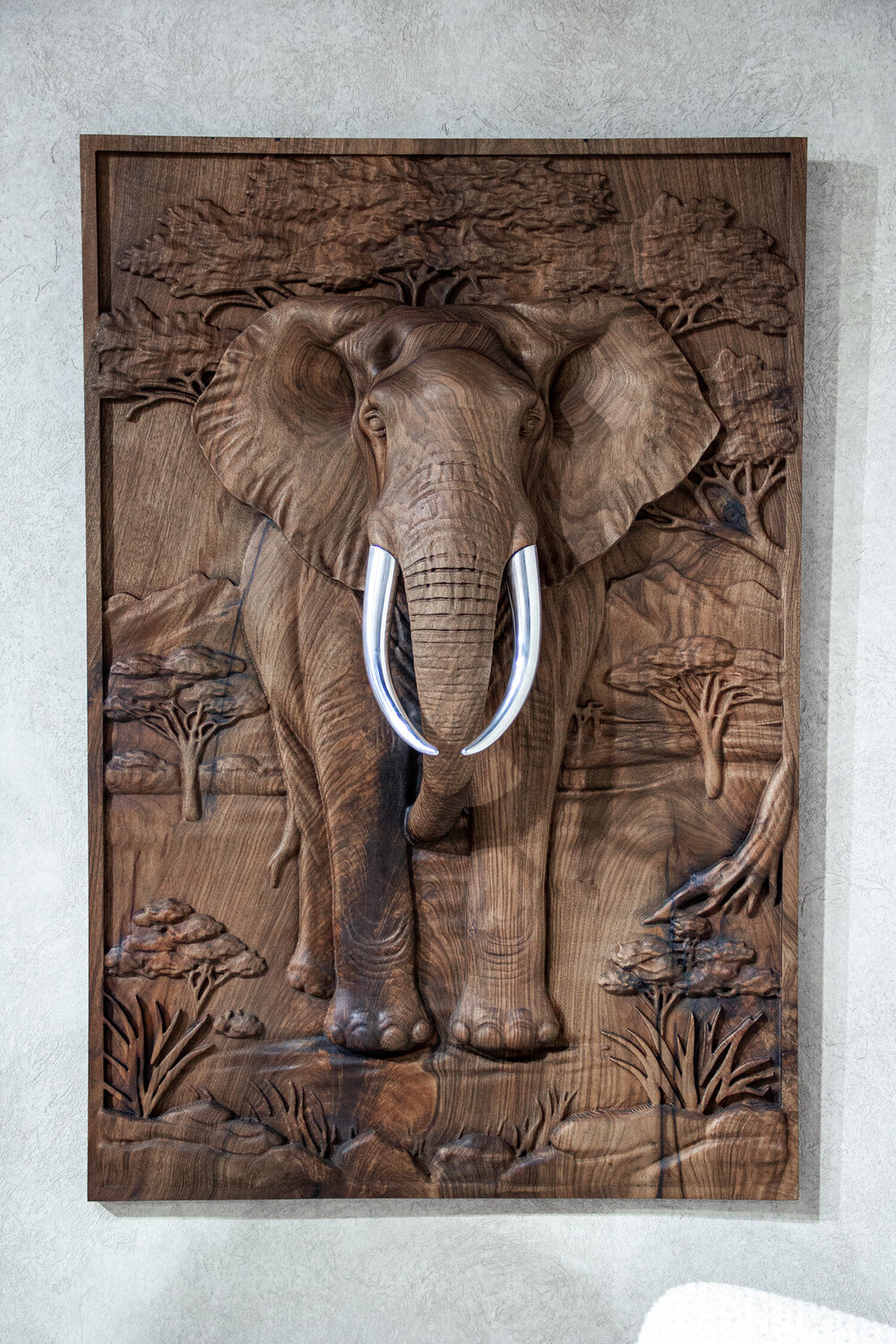 Majestic African Elephant 3D Relief Wood Wall Art M Yavuz Öney Sculpture for sale