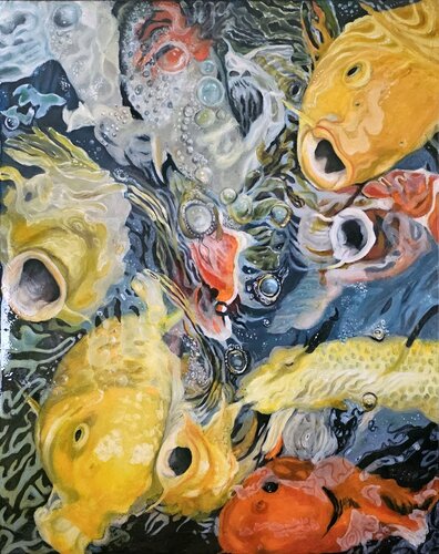 Beim Frühstück der Kois by Eva Vogt, Painting for Sale on Select
