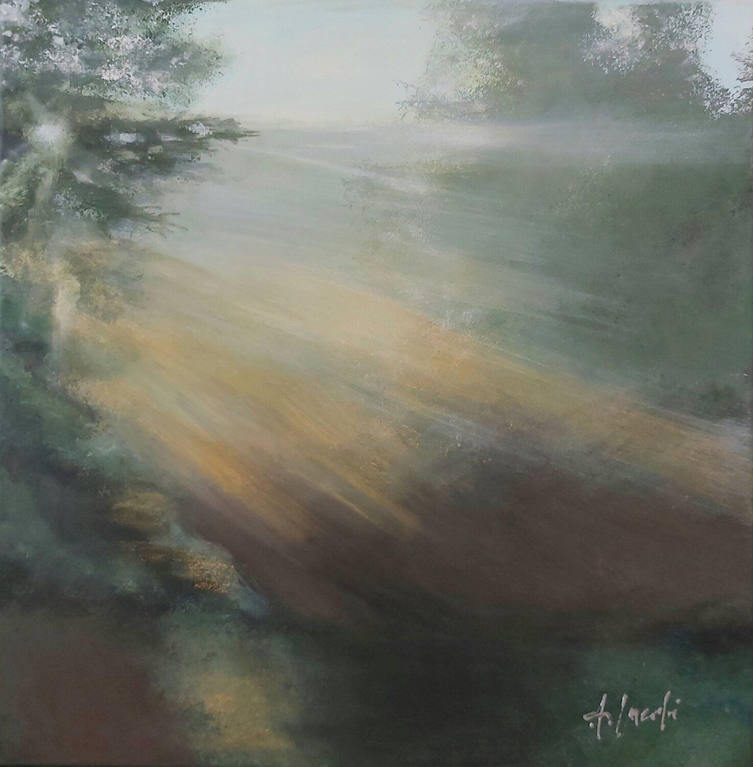Morning Fog - Landscape Painting. Forest. Impressionism. Figurative. Andrea Jacobi Original painting for sale