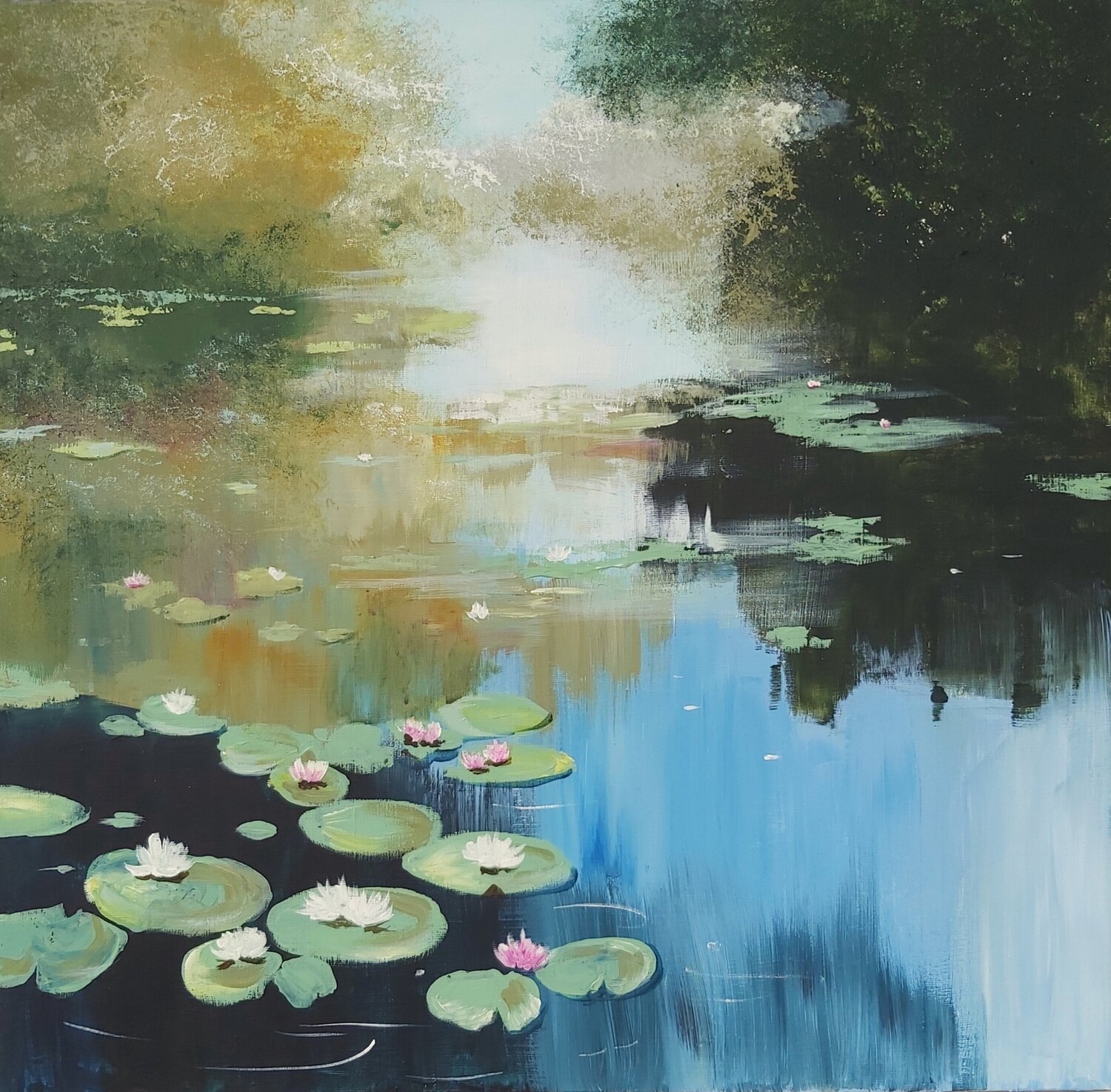At the Water Lily Pond - Landscape, Impressionism, Realism Andrea Jacobi Original painting for sale