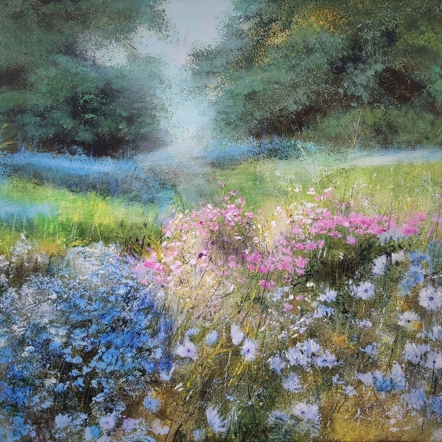 Blooming in the Morning 2 - Landscape, Flowers Painting, Impressionism, Realism Andrea Jacobi Original painting for sale