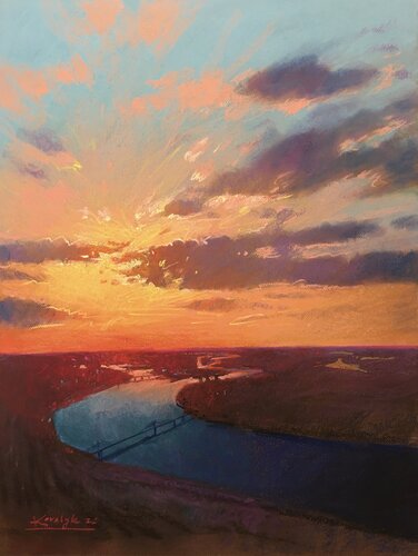 Sunset over the Dnipro river in Kyiv in Ukraine by Andrii Kovalyk, Painting for Sale on Select