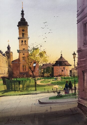 Polish Square in the ancient picturesque town of Kamianets Podilskyi in Ukraine by Andrii Kovalyk, Painting for Sale on Select