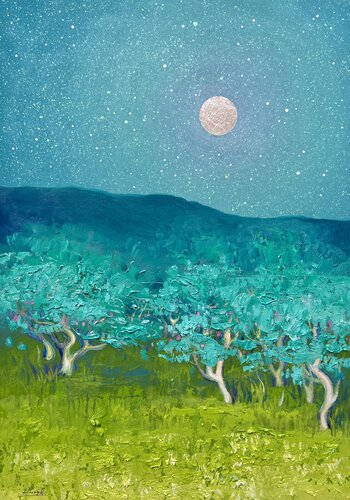 Orchard under the Full Moon by Andrii Kovalyk, Painting for Sale on Select
