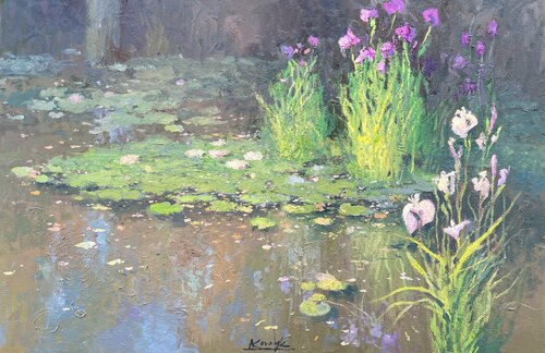 Water Lilies and Irises by Andrii Kovalyk, Painting for Sale on Select