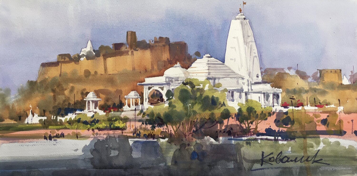 A view of the white temple in the ancient city of Jaipur in India Andrii Kovalyk Original painting for sale
