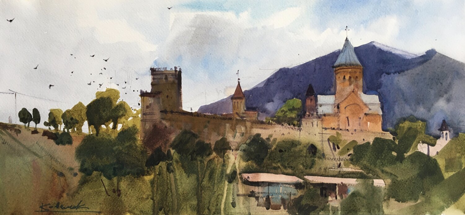 Ananuri ancient fortress in Georgia Andrii Kovalyk Original painting for sale