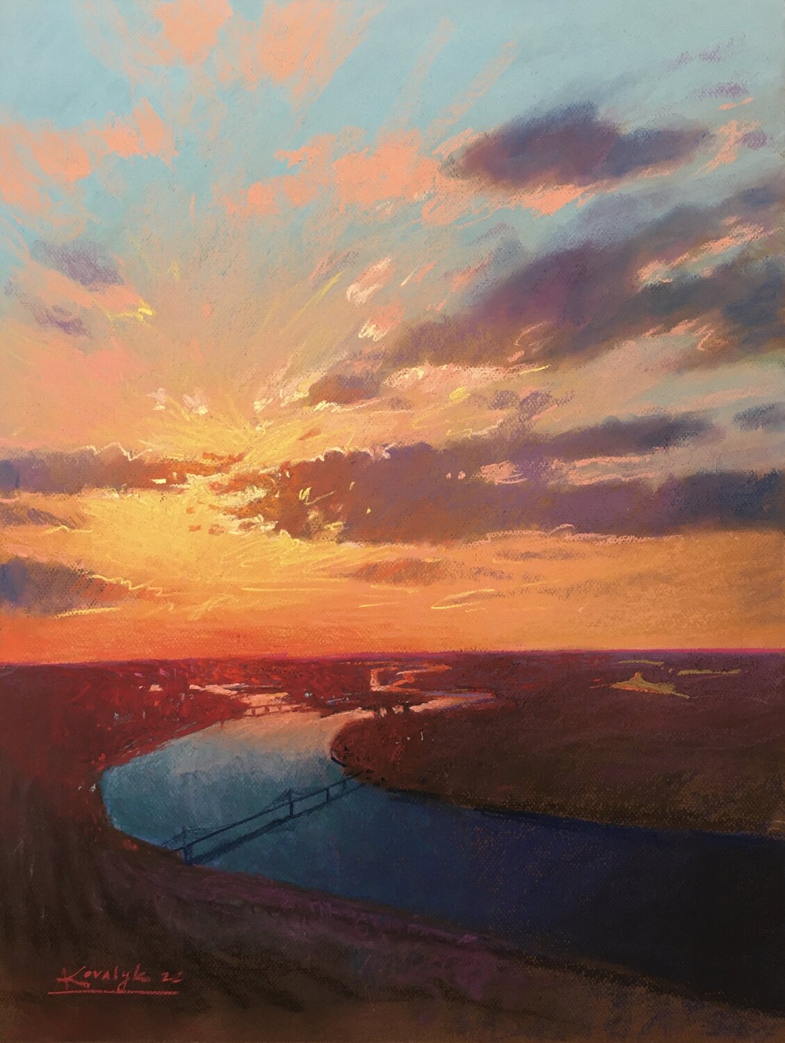 Sunset over the Dnipro river in Kyiv in Ukraine Andrii Kovalyk Original painting for sale