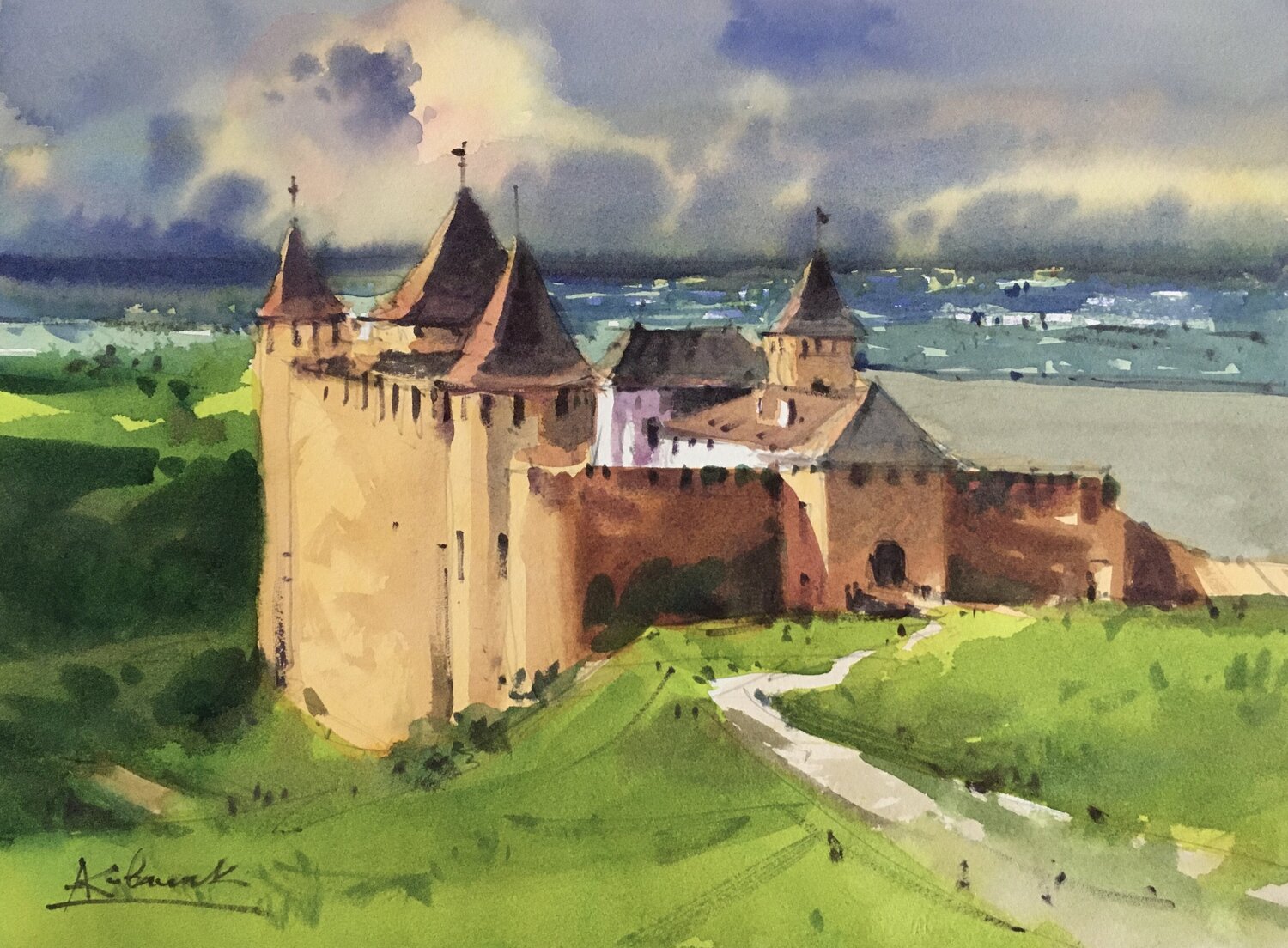 Ancient Khotyn fortress in Ukraine Andrii Kovalyk Original painting for sale