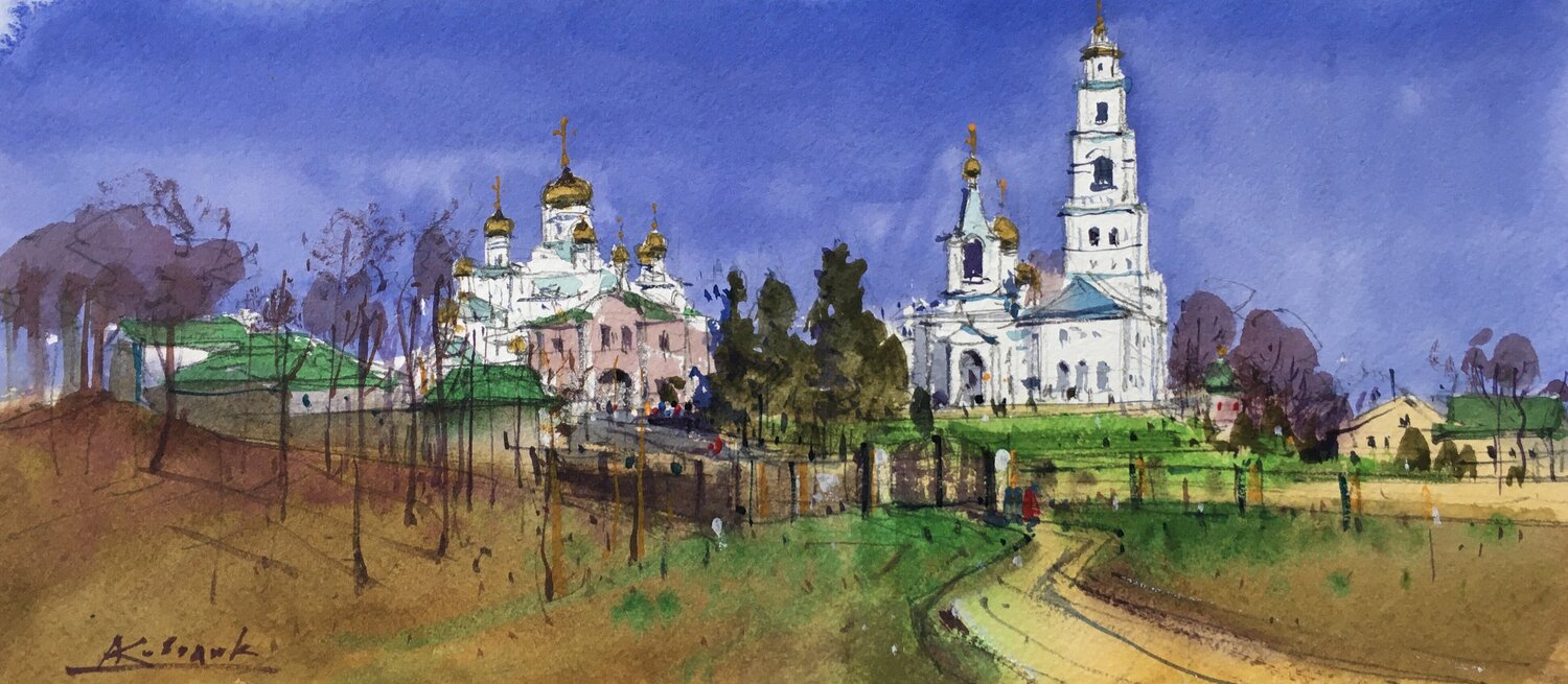 A sunny spring day in Pochaev, Ukraine Andrii Kovalyk Original painting for sale