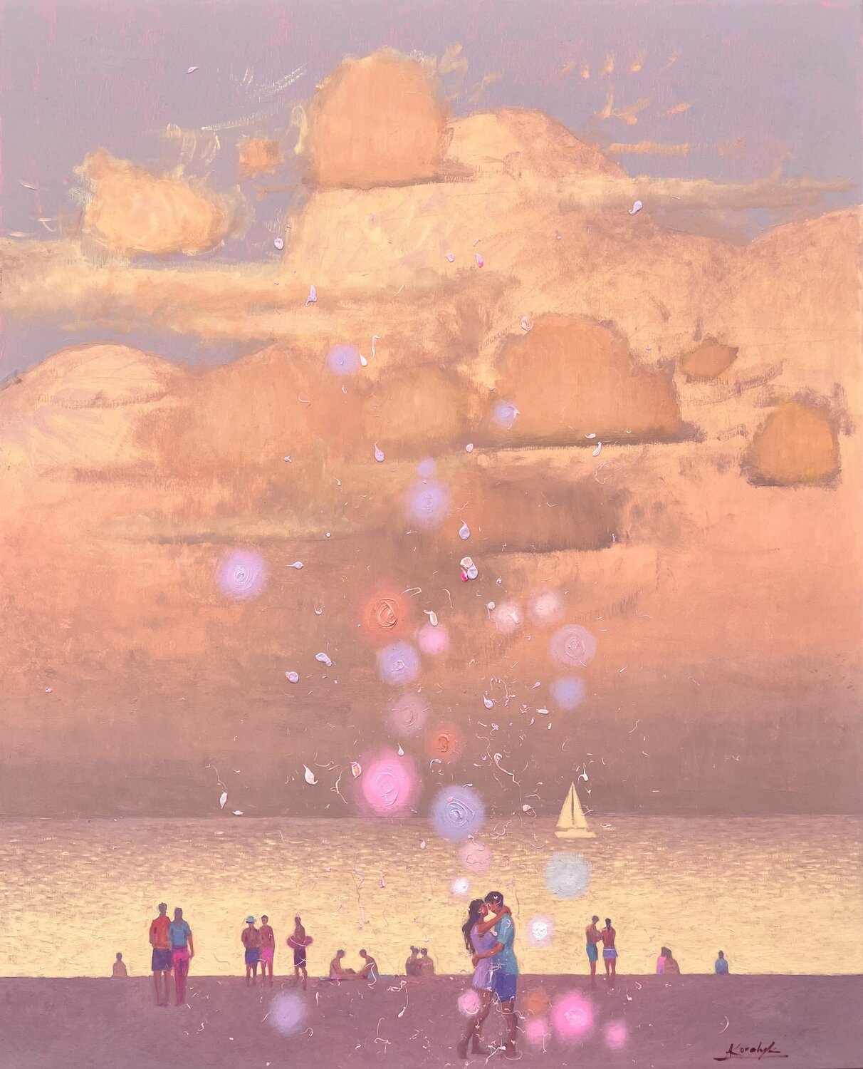 A Golden Peach Romantic Evening by the Sea Andrii Kovalyk Original painting for sale