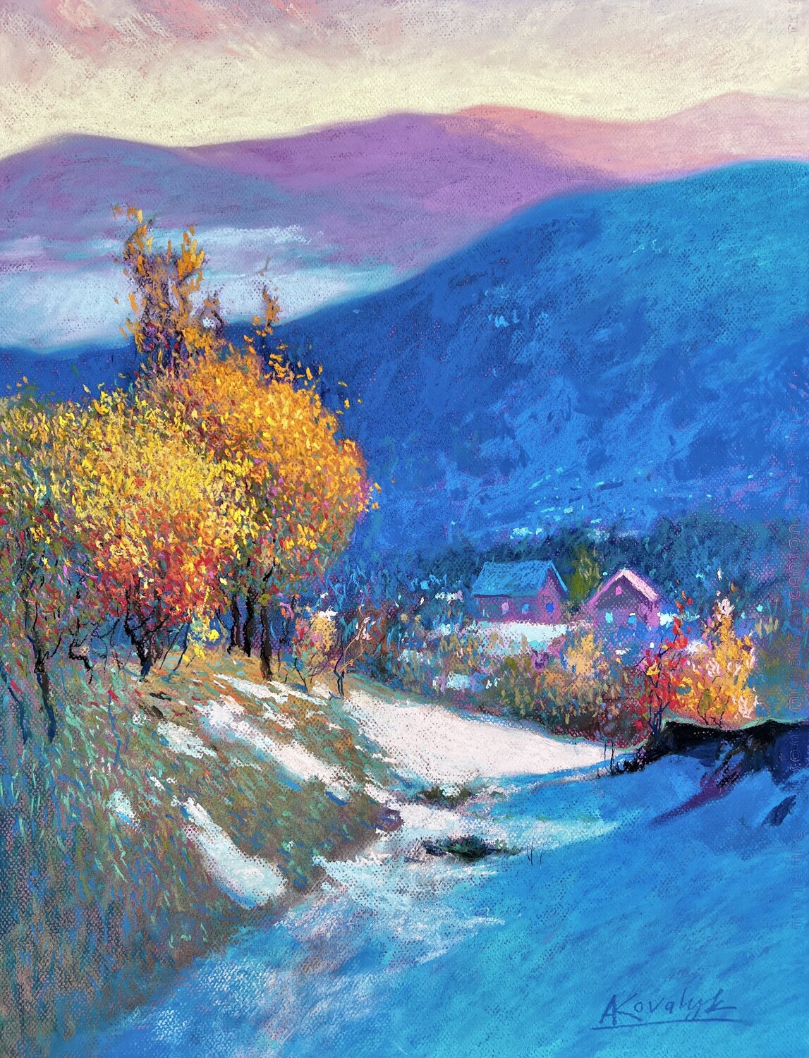 First Snow in the Carpathians Andrii Kovalyk Original painting for sale