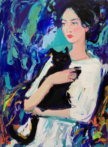 The Girl with the Black Cat by Liliya Nikolova, Painting for Sale on Select