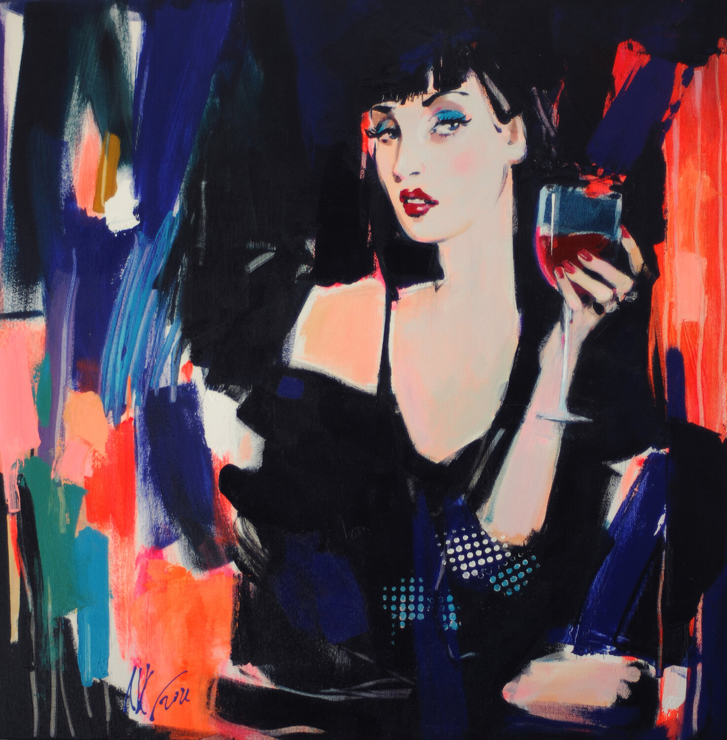 Woman with Wine Glass Liliya Nikolova Original painting for sale