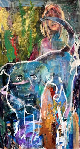 Guardians of the Unseen – Abstract Figurative Painting with Dog by Julia Hacker, Painting for Sale on Select