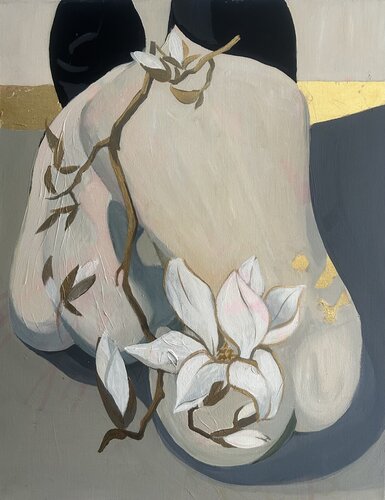 Quiet Rebellion – Figurative Abstract Female Portrait with Gold Leaf by Julia Hacker, Painting for Sale on Select