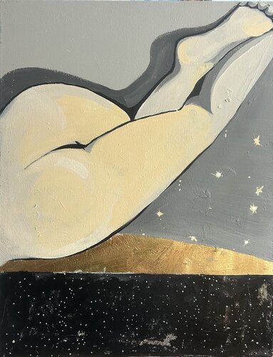 Where the Sky Touches Me – Figurative Abstract Nude with Stars and Gold Leaf by Julia Hacker, Painting for Sale on Select