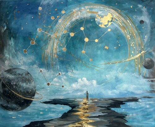 Path of Sagittarius – Celestial Surrealism with Constellation and Gold Leaf by Julia Hacker, Painting for Sale on Select