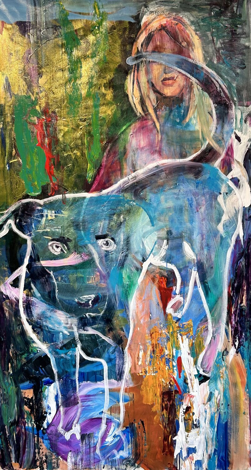 Guardians of the Unseen – Abstract Figurative Painting with Dog Julia Hacker Original painting for sale
