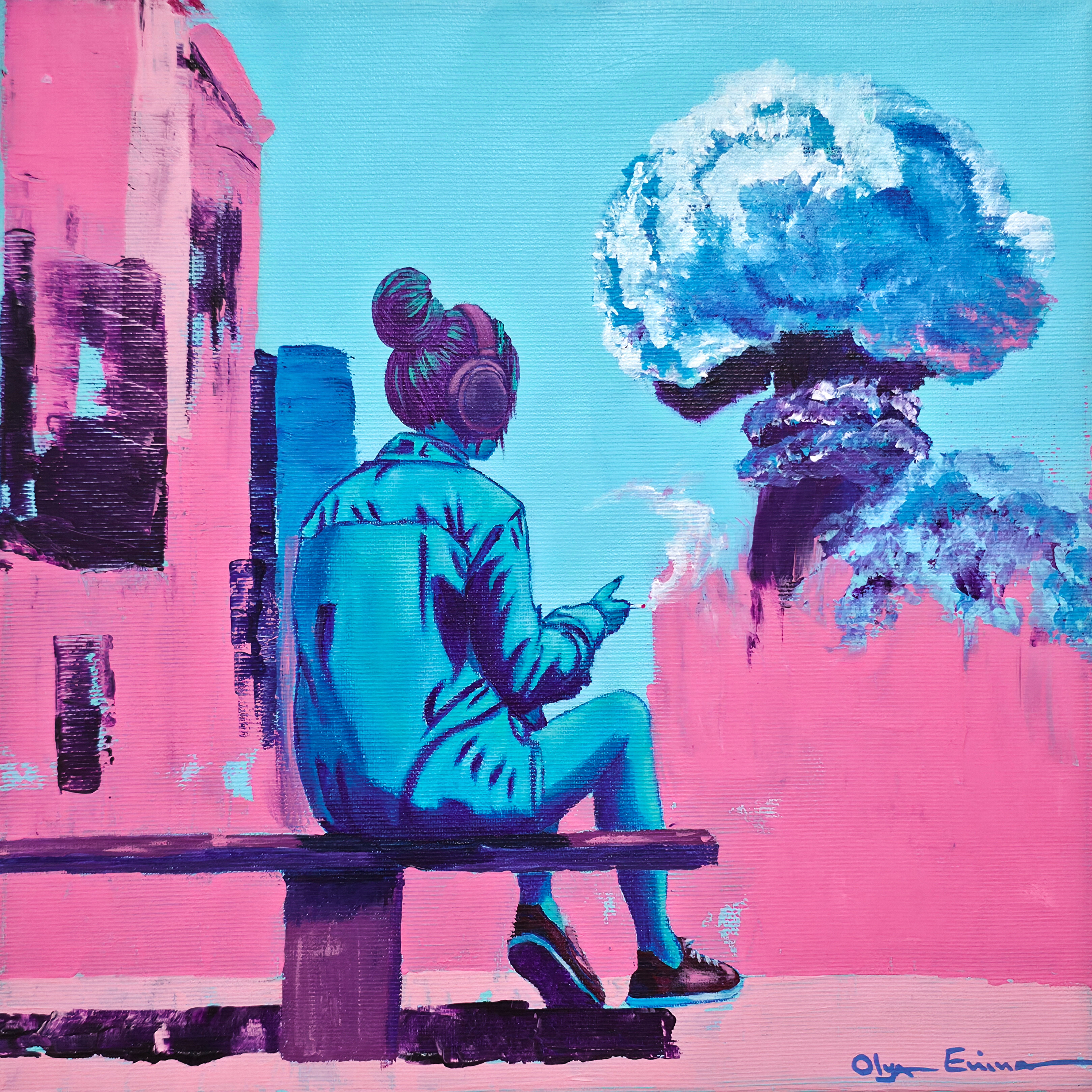 Too Tired to Panic. Woman with Headphones Observing a Surreal Explosion