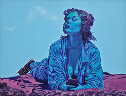 Headphones On, Problems Off Figurative Painting, Woman, Music, Cigarette by Olya Enina, Painting for Sale on Select