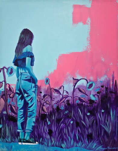 Sunflowers Don’t Ask Questions — Contemporary Figurative Painting of a Woman in a Directionless Field of Sunflowers by Olya Enina, Painting for Sale on Select
