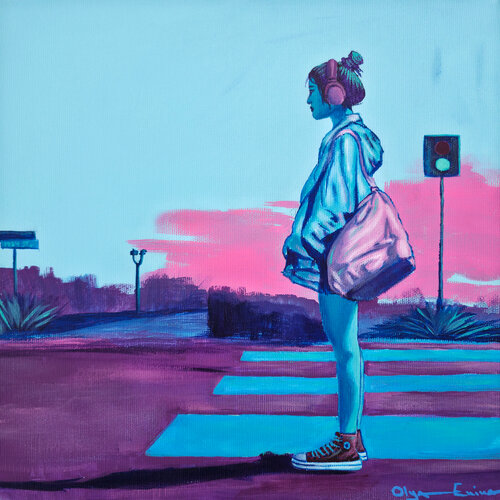 Not Every Green Light Is Meant for You – Contemporary Figurative Painting of a Woman at a Crosswalk, Inspired by 1984 by Olya Enina, Painting for Sale on Select