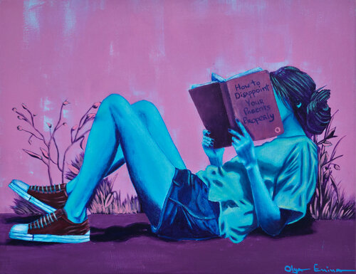 Too Talented for Stability. Young woman reading a book. by Olya Enina, Painting for Sale on Select