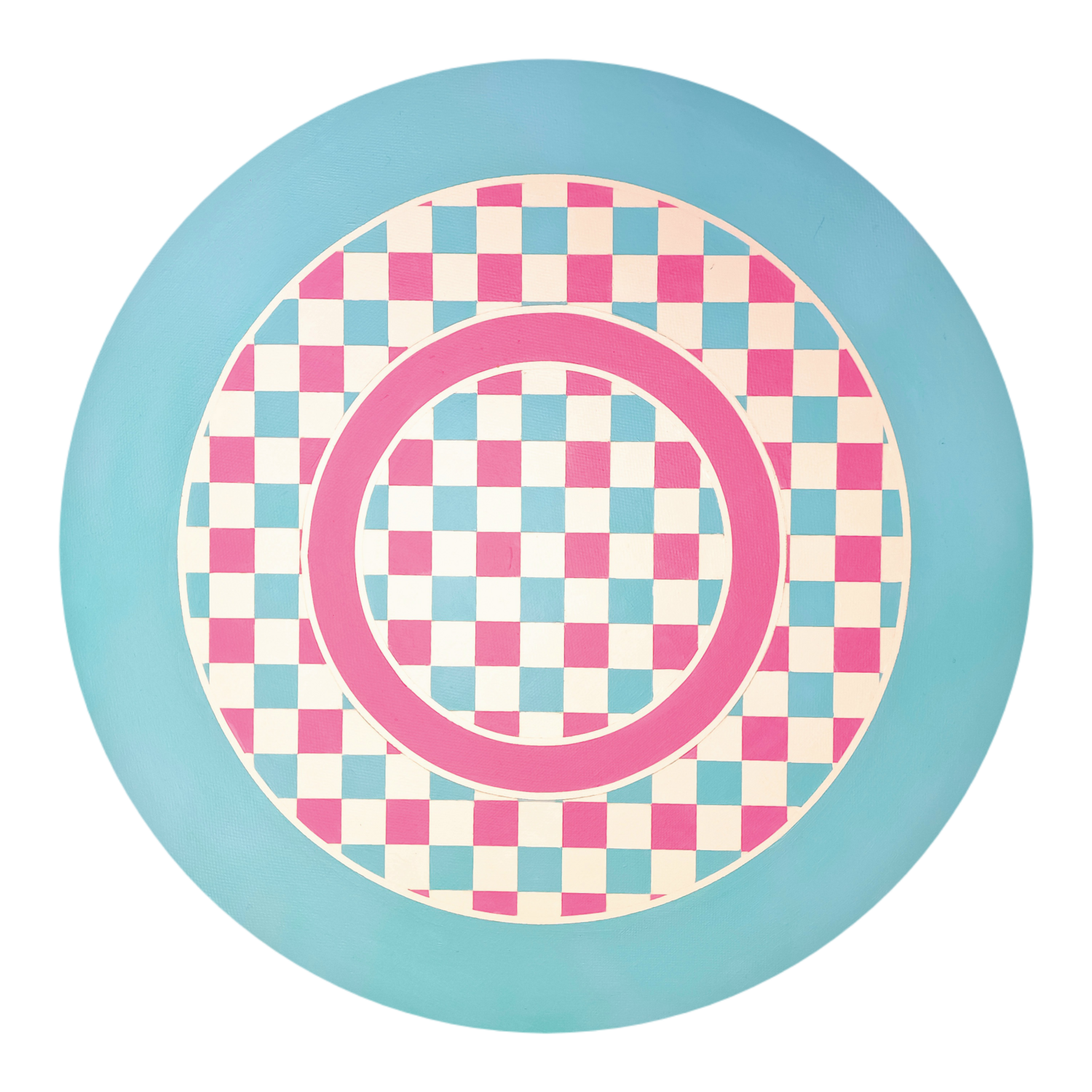 Cake. Blue and pink checked pattern round painting Olya Enina Original painting for sale