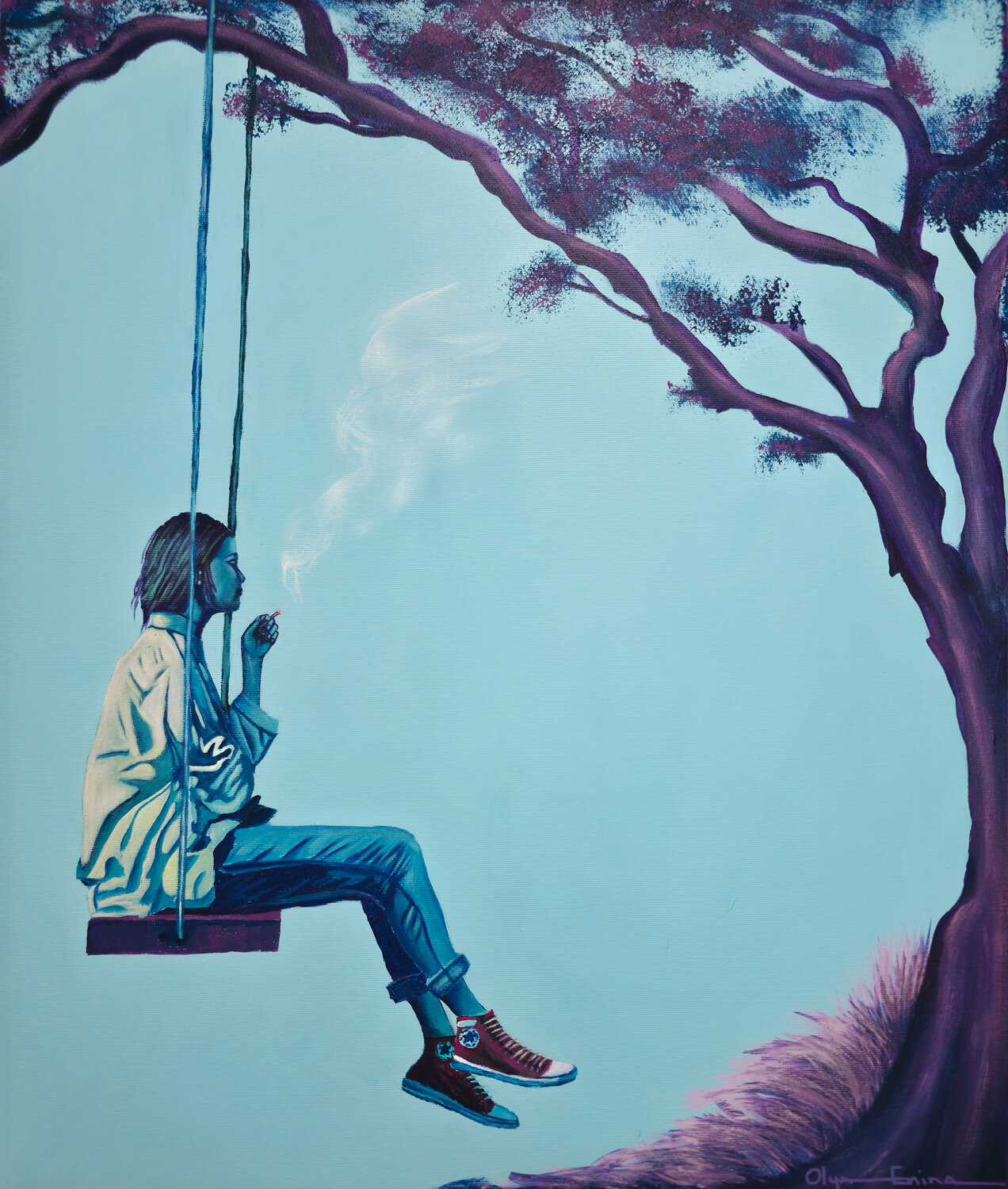 Between Playgrounds and Paychecks – Woman on Swing with Cigarette Olya Enina Original painting for sale