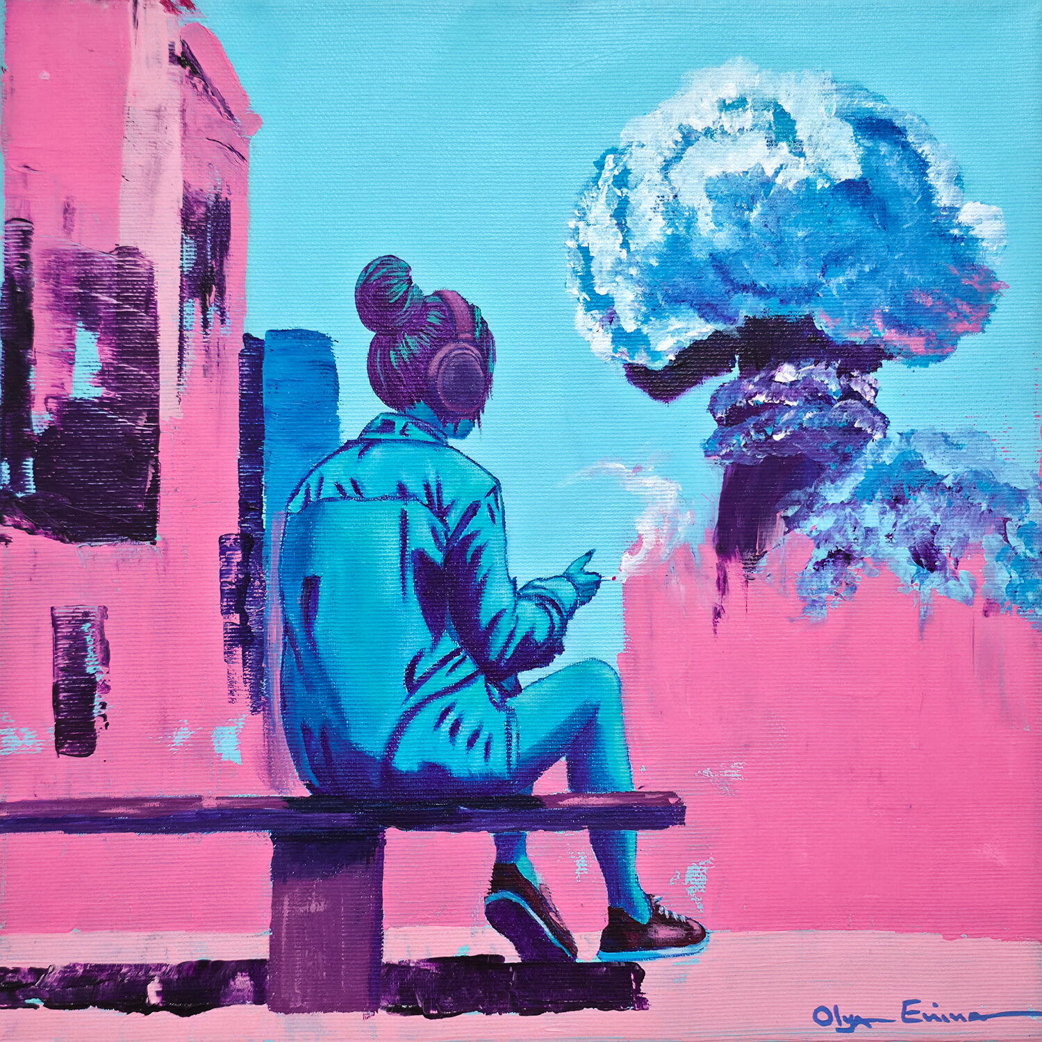 Too Tired to Panic. Woman with Headphones Observing a Surreal Explosion Olya Enina Original painting for sale