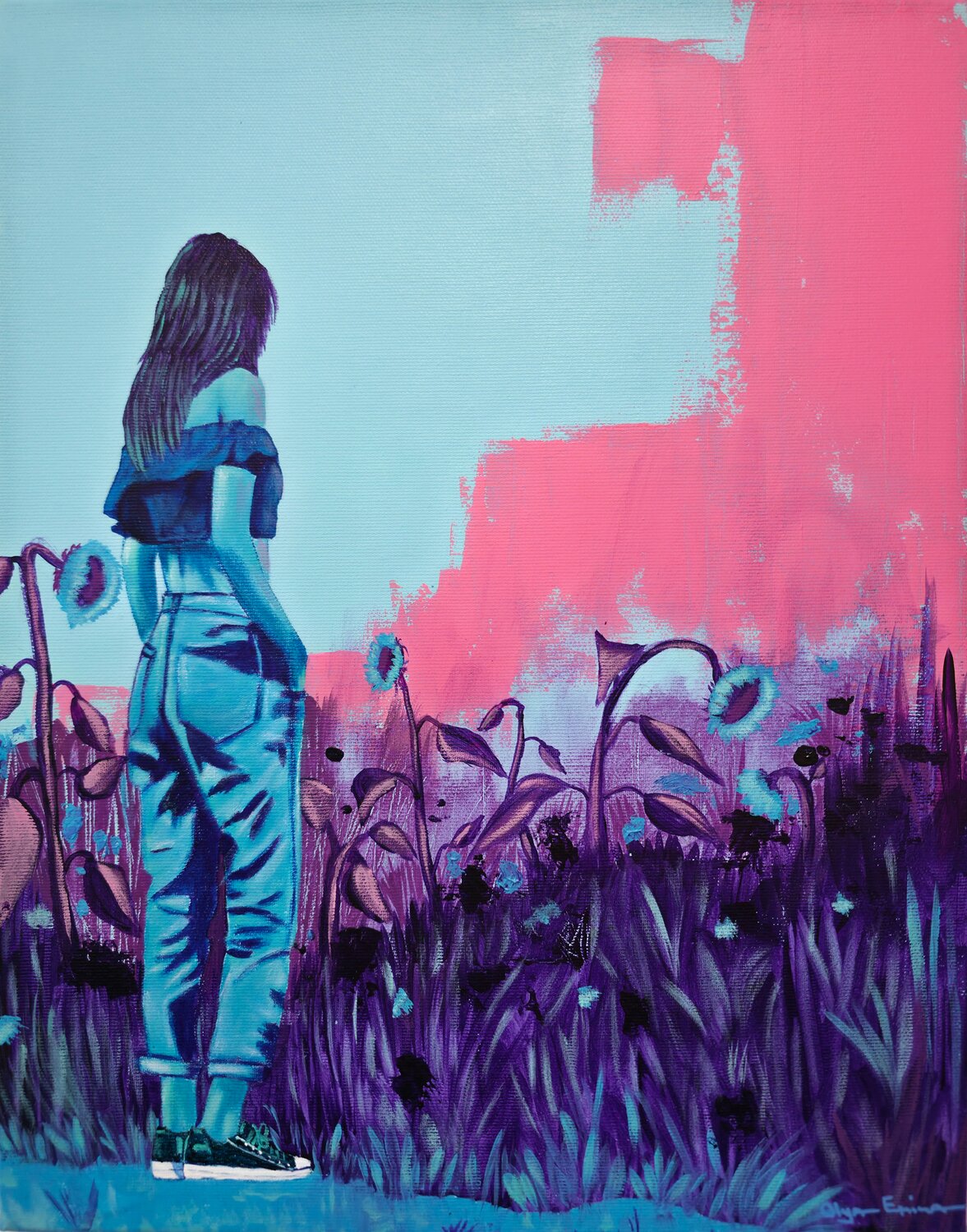 Sunflowers Don’t Ask Questions — Contemporary Figurative Painting of a Woman in a Directionless Field of Sunflowers Olya Enina Original painting for sale