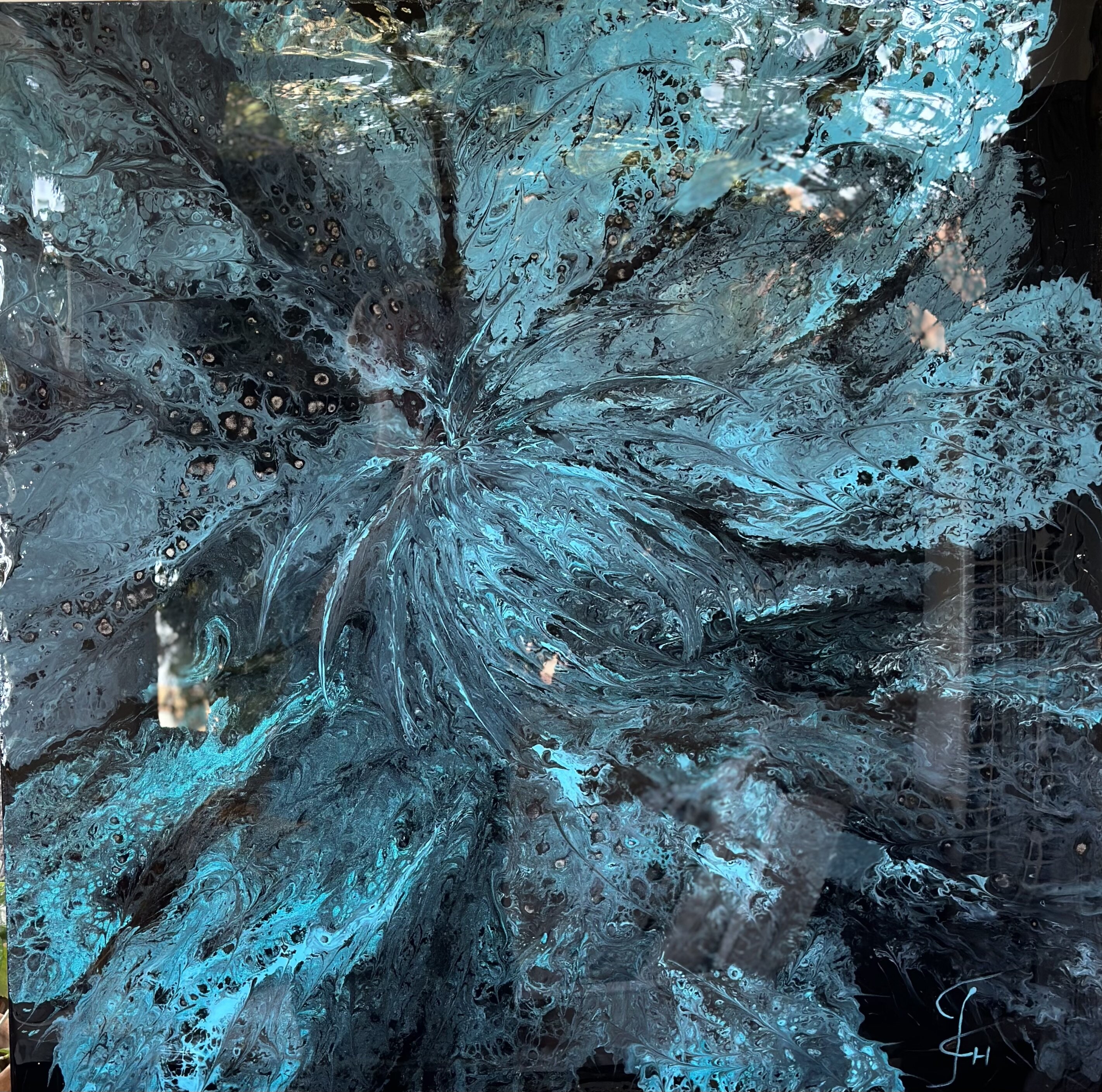 Sea Flower — Turquoise and Black Resin Abstract, 100 cm