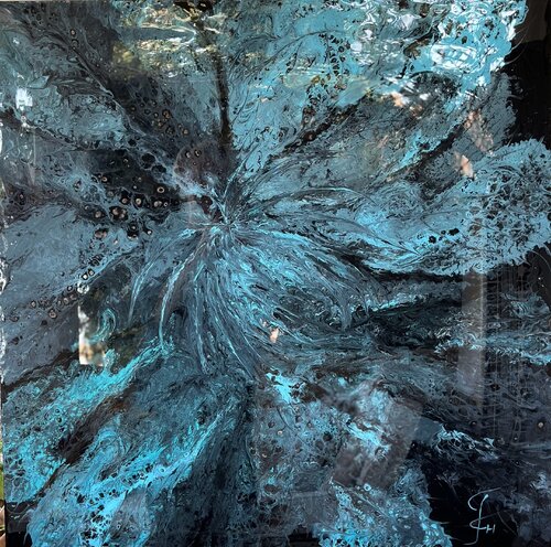 Sea Flower — Turquoise and Black Resin Abstract, 100 cm by Kseniia Turik, Painting for Sale on Select