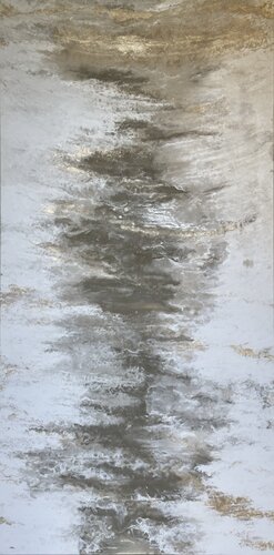 Soufflé — Vertical Silver and Gold Abstract, 160 cm by Kseniia Turik, Painting for Sale on Select