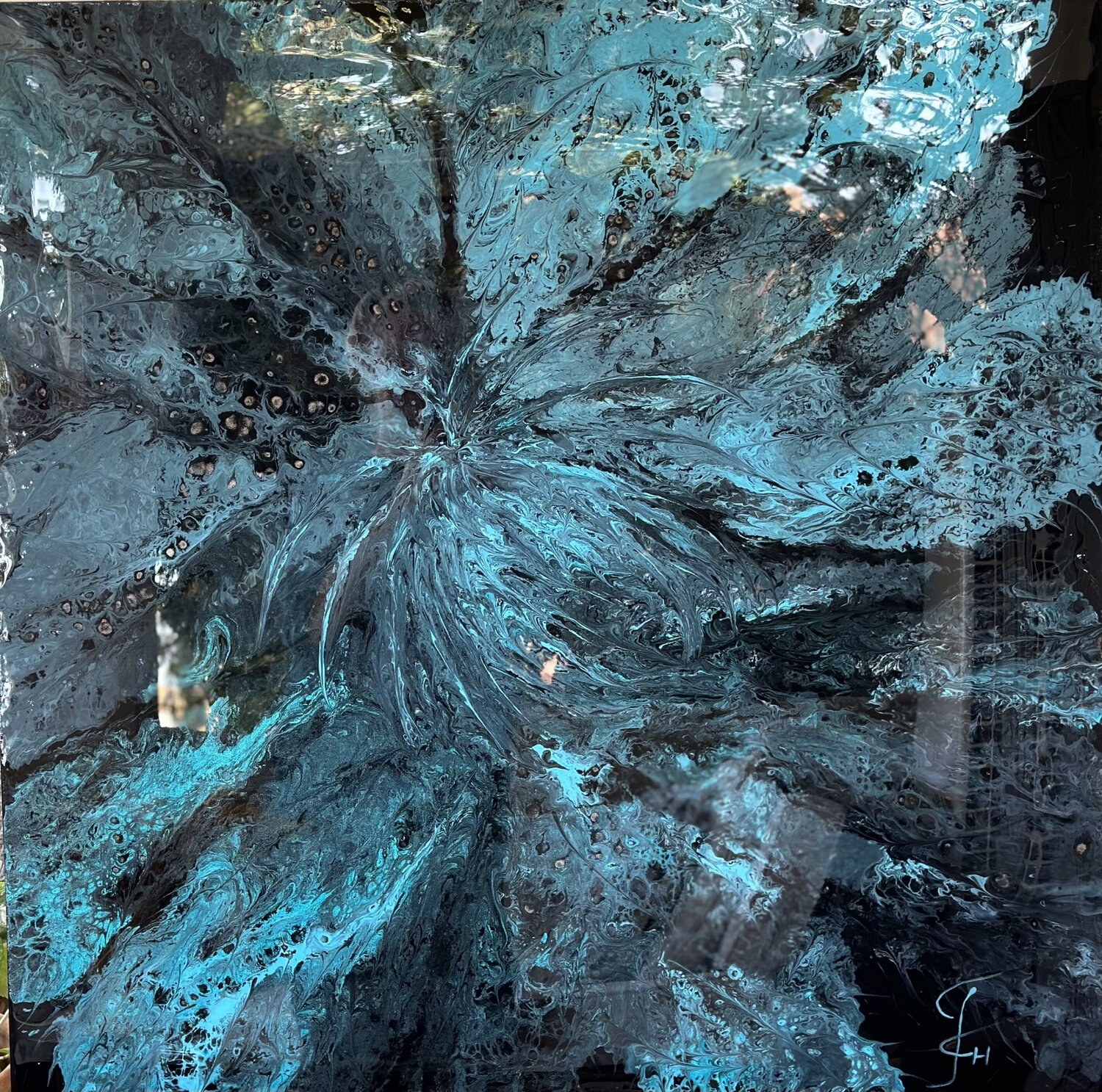 Sea Flower — Turquoise and Black Resin Abstract, 100 cm Kseniia Turik Original painting for sale
