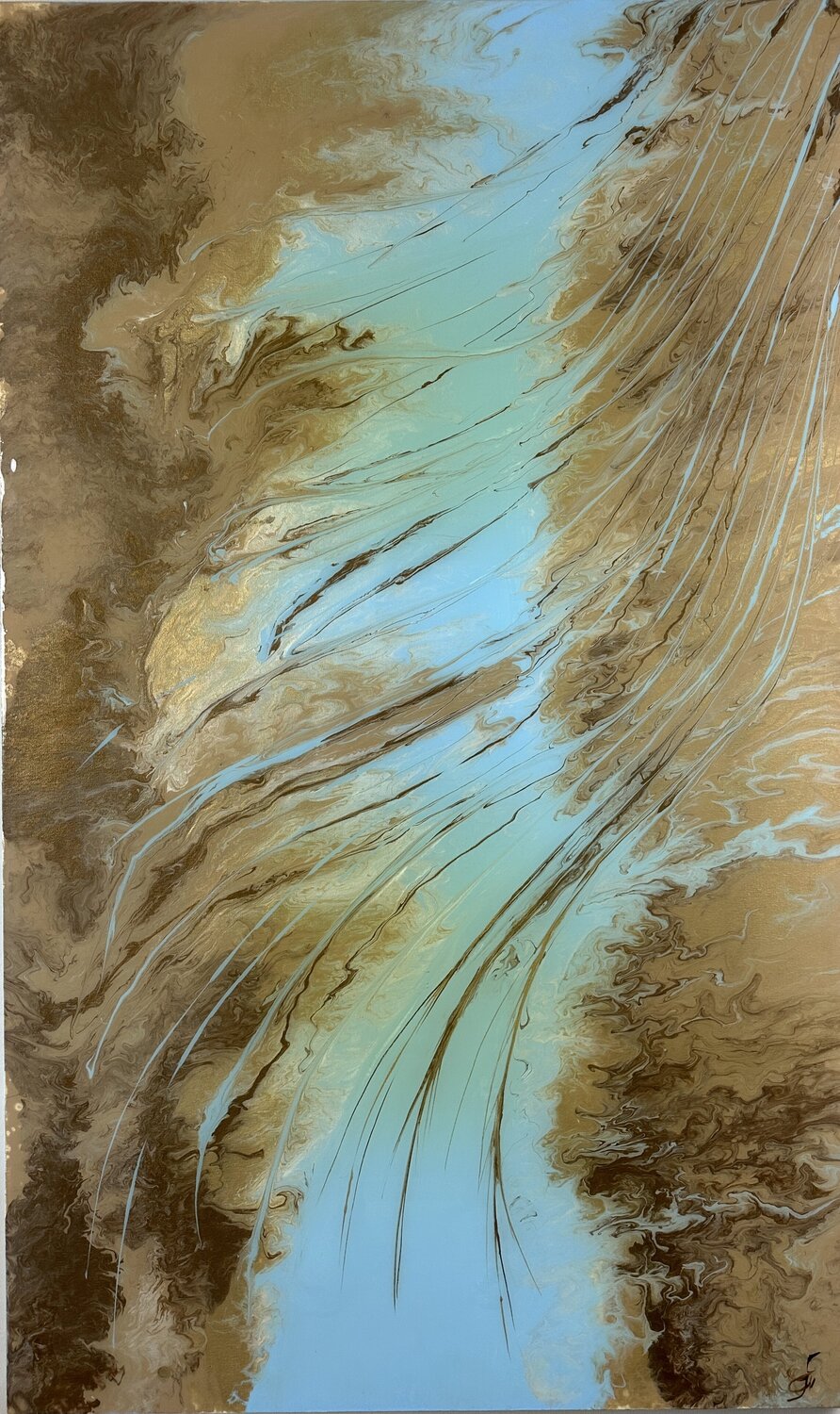 SAHARA — Gold and Sky Blue Resin Abstract, 146 cm Kseniia Turik Original painting for sale