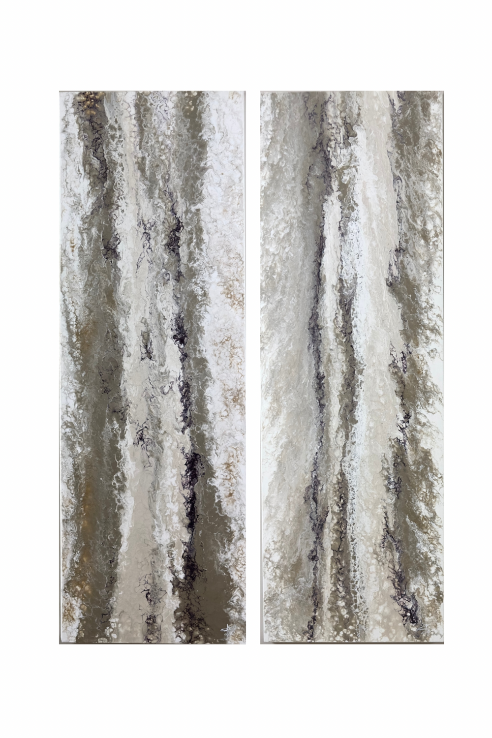 Lithic Drift — Monumental Mineral Abstract Diptych, Pearl & Grey Kseniia Turik Original painting for sale