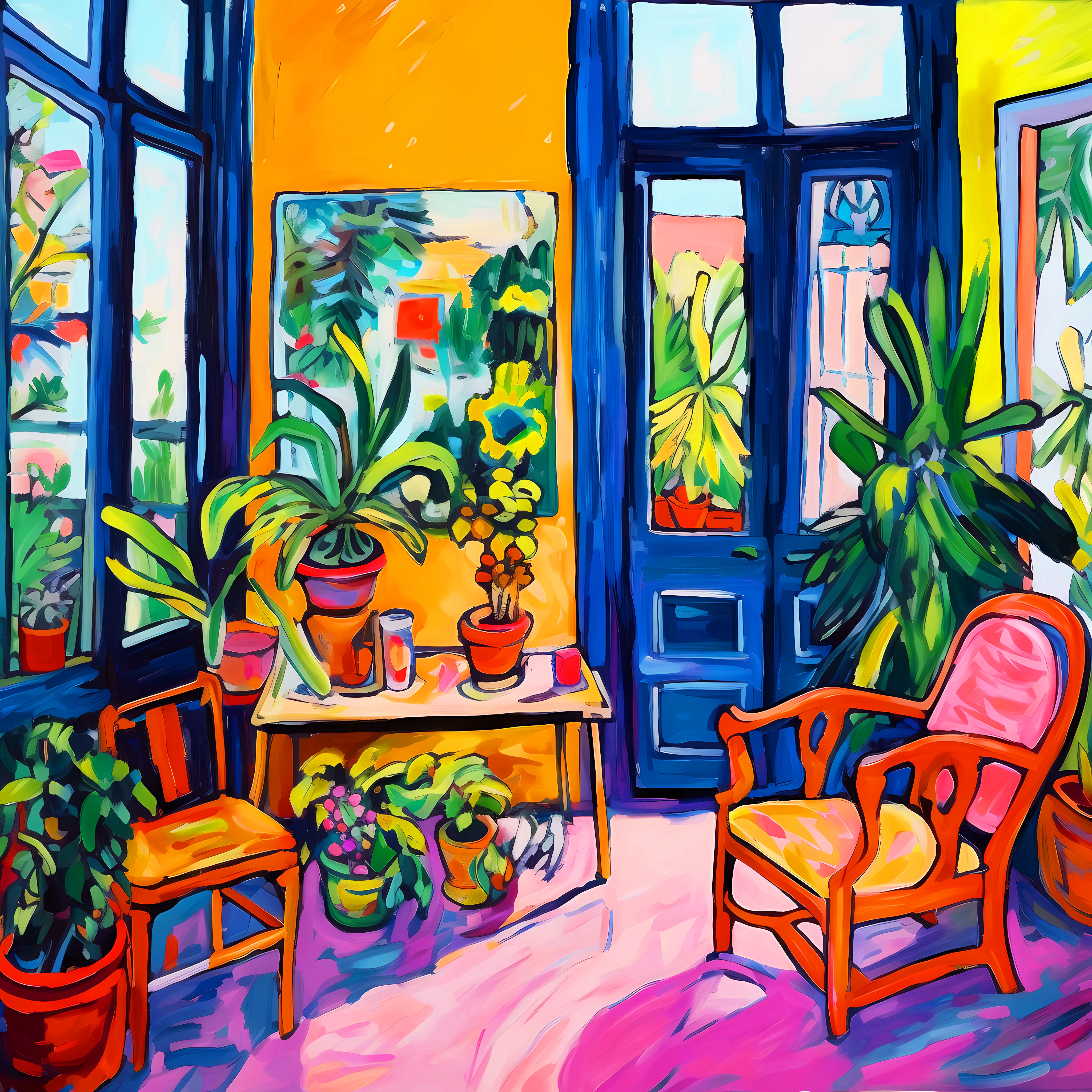 Sunny joyful room. Bright colorful interior. Fauvism artwork, inspiration by Matisse. Hanging positive naive dopamine endorphin cheerful fine art for home decor