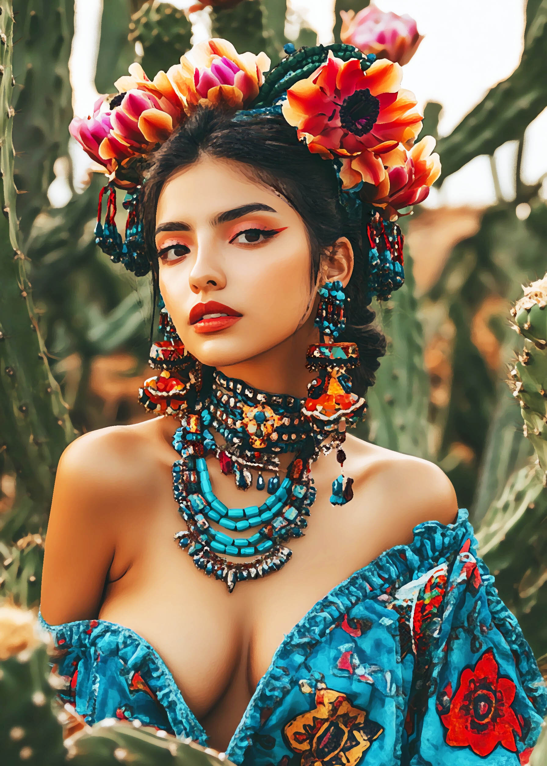 Beautiful sexy Mexican woman with sexy body. Erotic photo. Modern style portrait, colorful Mexican style vivid colors poster for decor