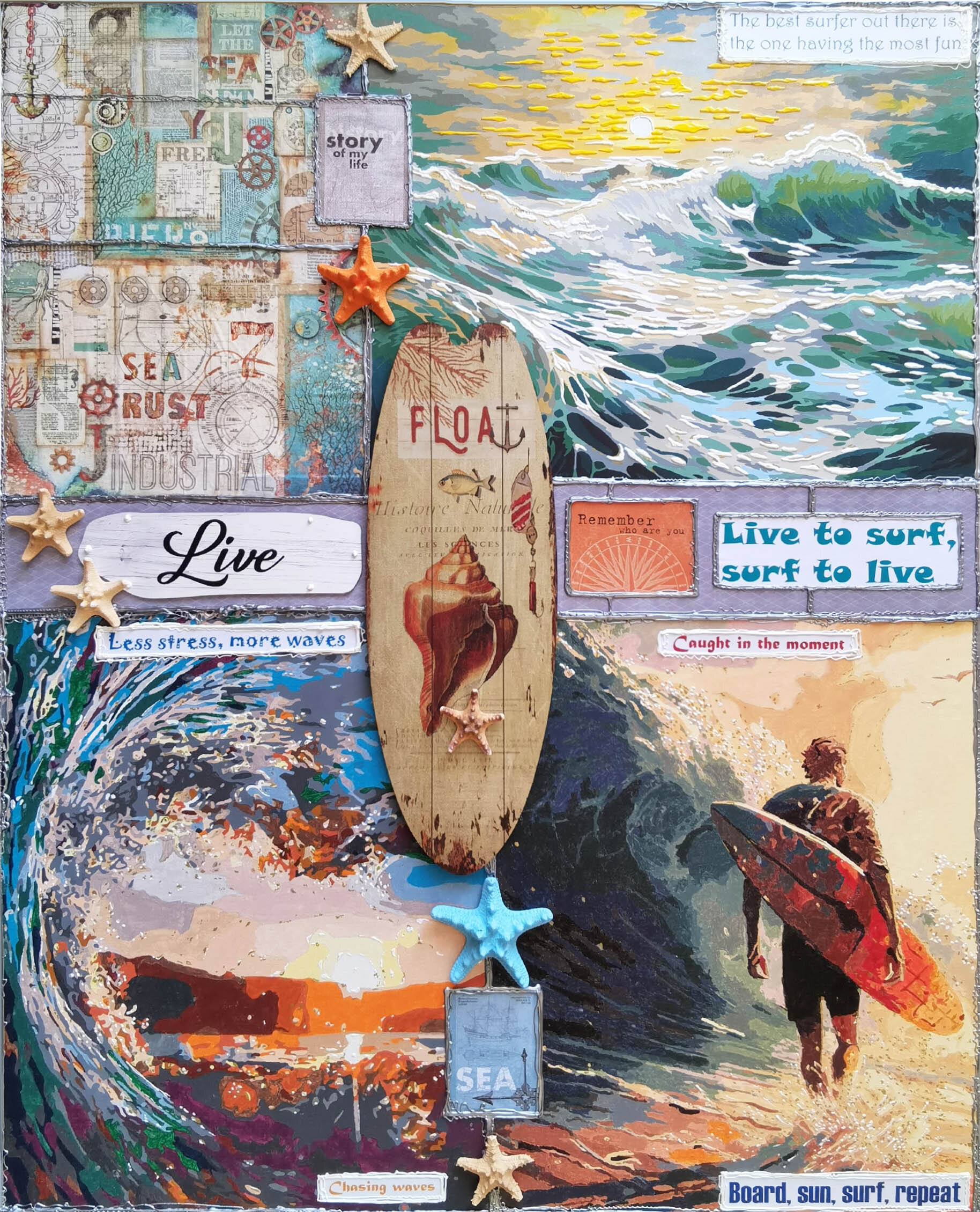 Ride your own wave. Surfing the Moment. Surf, ocean marine original painting on canvas, unique mixed media collage artwork