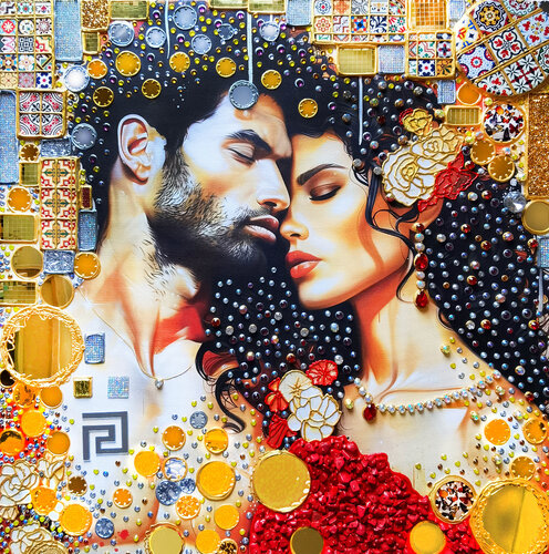 Spanish passion - Romantic couple in love. Bright red gold bronze semi-abstract people portrait. Original man & woman portrait with spanish mosaic and red corals. Unique gift for woman \ wife by Irina BAST, Painting for Sale on Select