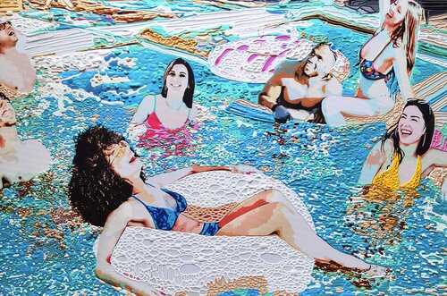Pool Party modern original painting. Pop art vivid colors, modern impressionism people portrait. Colorful vibrant water abstract. Large positive mood wall decor. Perfect gift for art lovers by Irina BAST, Painting for Sale on Select