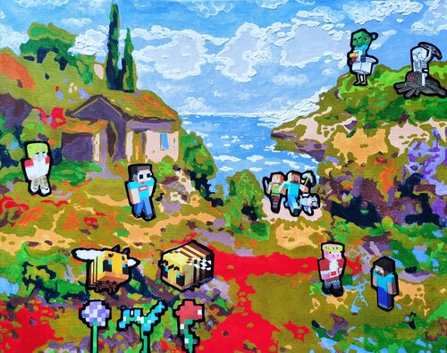 Post-impressionist blockchain. Mediterranean idyll with minecraft elements by Irina BAST, Painting for Sale on Select