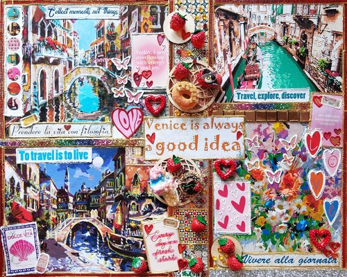 Sweet Venice. Italy - Original cityscape painting on canvas. Scrapbooking style memory album aesthetic collage wall art by Irina BAST, Painting for Sale on Select