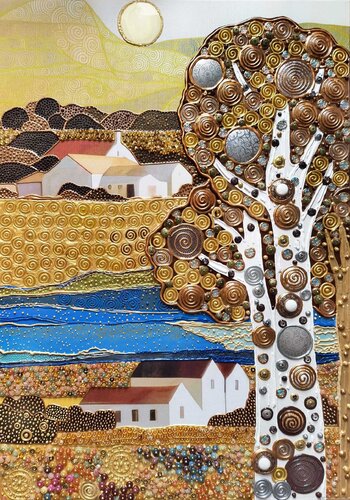 Golden Tuscany. A Klimt dream in Italy. Italian landscape, golden Mediterranean countryside village by Irina BAST, Painting for Sale on Select