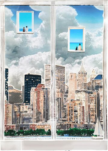 Love in the Big City. Contemporary surrealistic New York Manhattan USA cityscape. Fantasy skyscrapers by Irina BAST, Painting for Sale on Select