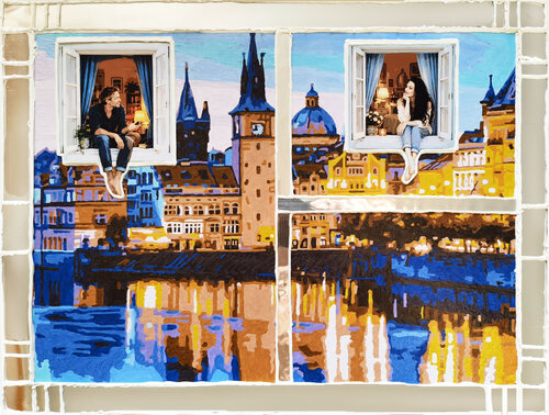 An evening conversation. Original painting Love in Prague, Czech Republic painting, cityscape art, urban landscape artwork. Man woman portrait von Irina BAST, Malerei kaufen auf Select