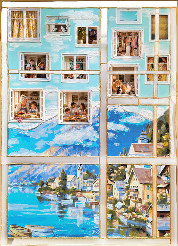 Morning in a coastal town. Fantasy seascape, nature, mountain landscape, surrealism von Irina BAST, Malerei kaufen auf Select