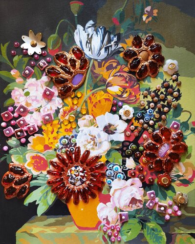 Treasures of a blooming garden. Original decorative unique luxury semi-precious stones art. Floral botanical home decor von Irina BAST, Malerei kaufen auf Select